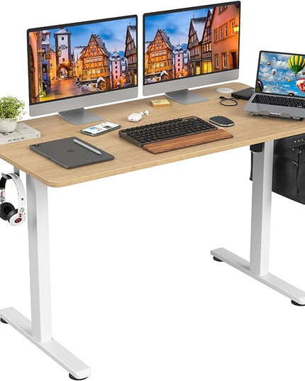 STARY Electric Adjustable Height Sit Stand Home Office Desk with Splice Board, 48x24, Castin Oak Desktop/White Frame - LeafyLoom