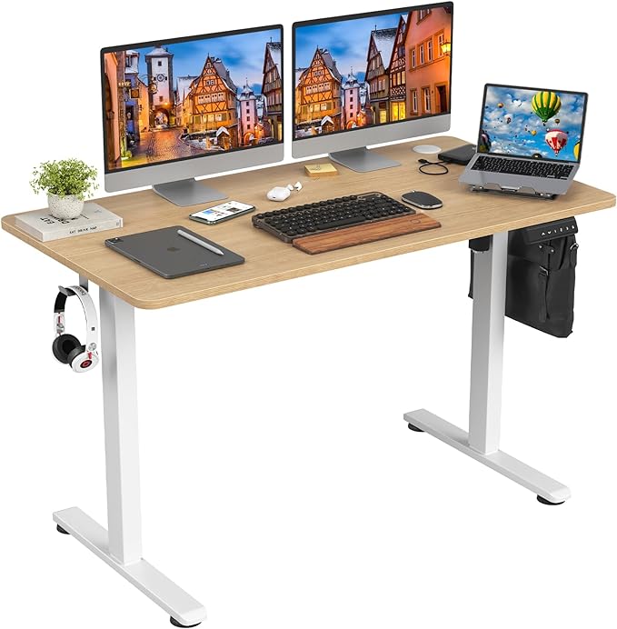 STARY Electric Adjustable Height Sit Stand Home Office Desk with Splice Board, 48x24, Castin Oak Desktop/White Frame - LeafyLoom