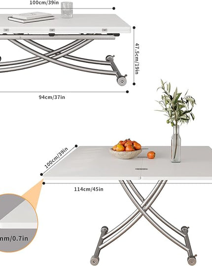 Multifunctional Folding Dining Table, Versatile Lift Top Coffee Table Convertible to Dining Table Height Adjustable Wooden Dinner Table with Metal legs Space Saving White - LeafyLoom