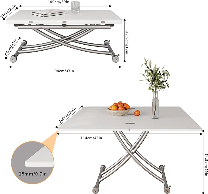 Multifunctional Folding Dining Table, Versatile Lift Top Coffee Table Convertible to Dining Table Height Adjustable Wooden Dinner Table with Metal legs Space Saving White - LeafyLoom
