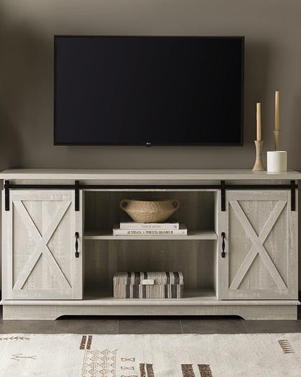 Walker Edison Richmond Modern Farmhouse Sliding Barn Door TV Stand for TVs up to 65 Inches, 58 Inch, Stone Grey - LeafyLoom