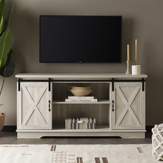 Walker Edison Richmond Modern Farmhouse Sliding Barn Door TV Stand for TVs up to 65 Inches, 58 Inch, Stone Grey - LeafyLoom