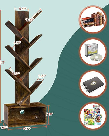 Yoobure Tree Bookshelf - 6 Shelf Retro Floor Standing Bookcase, Tall Wood Book Storage Rack for CDs/Movies/Books, Utility Book Organizer Shelves for Bedroom, Living Room, Home Office - LeafyLoom