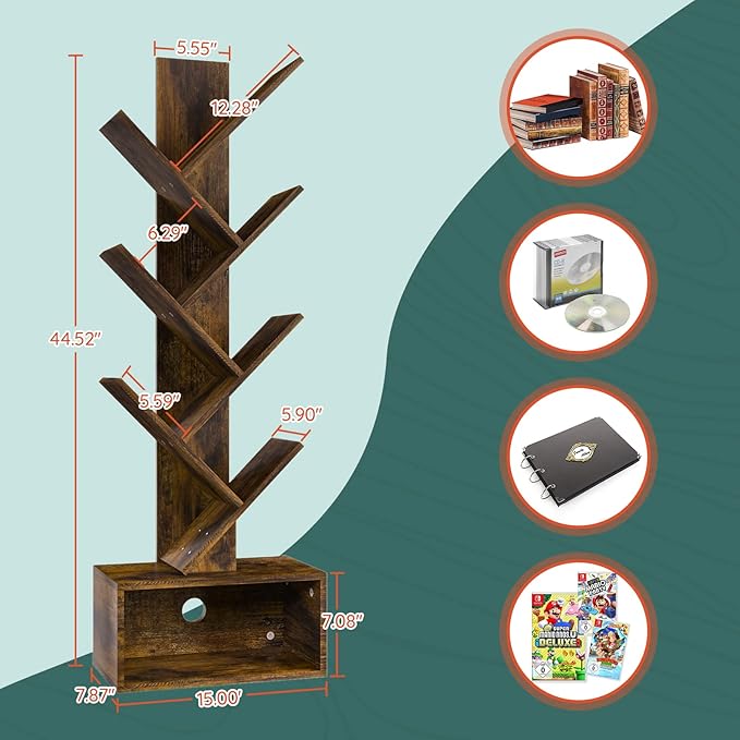 Yoobure Tree Bookshelf - 6 Shelf Retro Floor Standing Bookcase, Tall Wood Book Storage Rack for CDs/Movies/Books, Utility Book Organizer Shelves for Bedroom, Living Room, Home Office - LeafyLoom