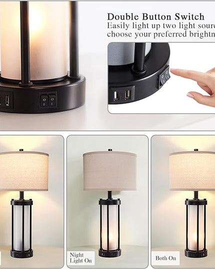 Set of 2 Modern Table Lamps for Living Room with 2 USB Ports, White Frosted Glass Nightlight for Bedroom, Contemporary Desk Lamps for Nightstand End Table Entryway, 4 Bulbs Included (Black) - LeafyLoom