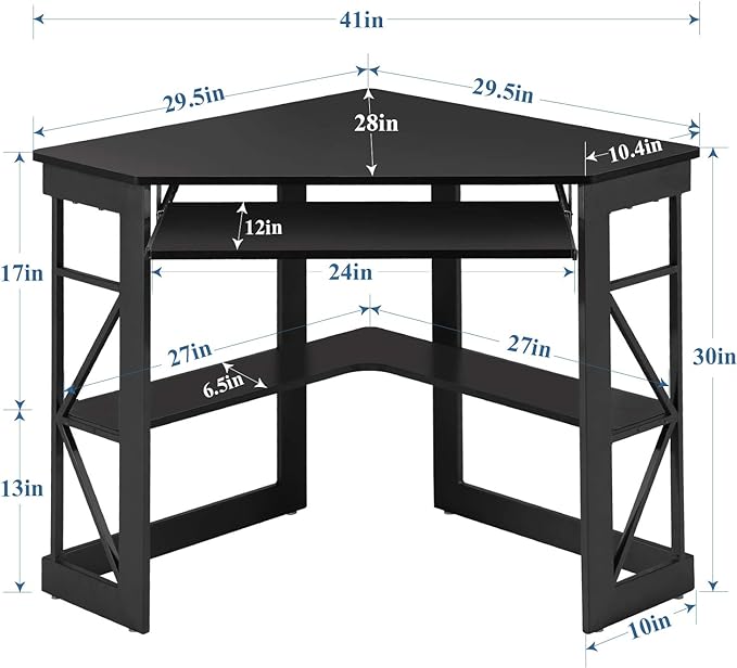 VECELO Corner Computer Desk Writing Smooth Keyboard Tray & Storage Shelves,Compact Home Office Triangle Table, Black - LeafyLoom
