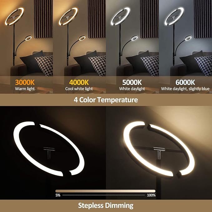 FIMEI Split Floor Lamp with Reading Light, Modern Bright LED Rotatable Standing Lamp with Stepless Dimming and 3000K-6000K Color for Living Room Bedroom Office, Touch and Remote Control, Black - LeafyLoom