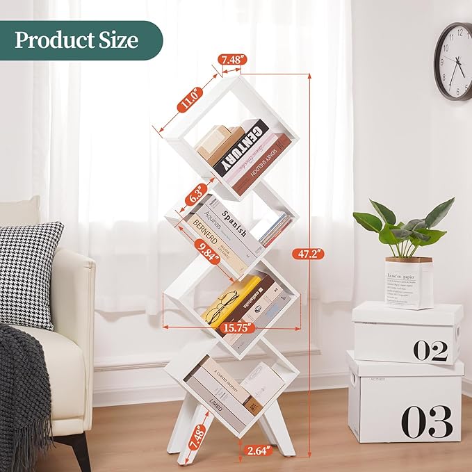 Yoobure White Bookshelf, Wood Small Bookcase 4-Tier Book Shelf, Tall Bookcases Book Organizer, Modern Bookshelves Floor Standing for CDs/Books in Small Spaces, Living Room, Home Office, Bedroom - LeafyLoom