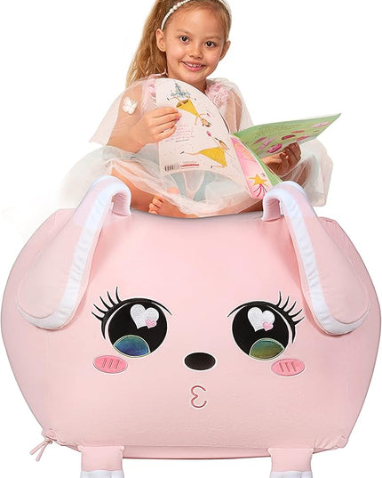Big Ear Rabbit Toy Organizers and Storage, Cute Bean Bag Chair Pink for Girls Room Decorations, Large Size 22x24 Inch Velvet Extra Soft, Cover ONLY - LeafyLoom
