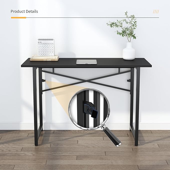 Folding Computer Desk 47 inch Writing Gaming Computer Camping Table, No Assembly Required Home Office Desk, Black - LeafyLoom