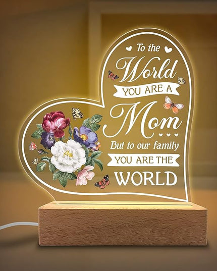 Acrylic Night Light Gift for Mother - to Our Family You are The World - Acrylic Light Gift for Mom from Son, Daughter on Mothers Day - Birthday Gifts to Mom - LeafyLoom