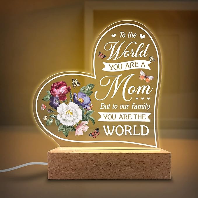 Acrylic Night Light Gift for Mother - to Our Family You are The World - Acrylic Light Gift for Mom from Son, Daughter on Mothers Day - Birthday Gifts to Mom - LeafyLoom