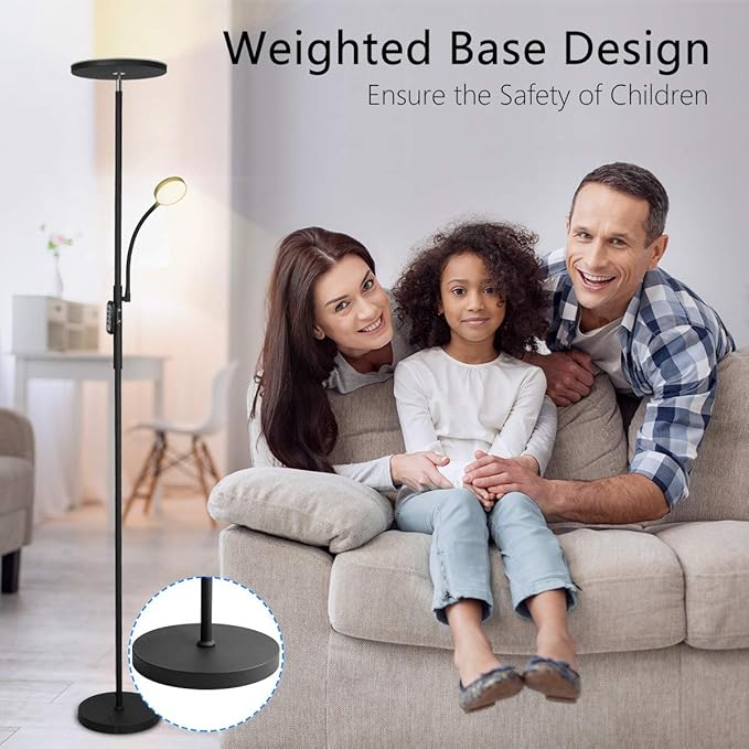Led Floor Lamp Torchiere Floor Lamp with Adjustable Reading Lamp,2000lumens Main Light and 400lumens Side Reading Light for Living Room, Bedroom, Office, Work with Remote Control, Matte Black - LeafyLoom