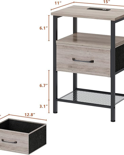 Night Stand Set 2, End Table with Charging Station, LED Bedside Table with Fabric Drawer for Bedroom, 3-Tier Side Table with Open Shelf, Greige - LeafyLoom