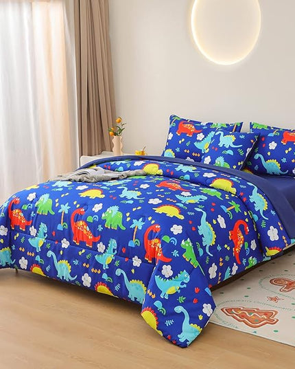 Dinosaur Comforter Set for Boys, 6 Pcs Bed in a Bag Twin Blue Dinosaur Wild Park Jungle Print Kids Bedding Set with Sheets - LeafyLoom