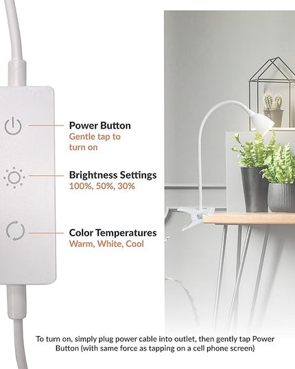 Newhouse Lighting NHCLP-OL-WH Olivia LED Clamp Light Desk Lamp with Flexible Gooseneck, 3 Brightness Levels & 3 Color Modes, White - LeafyLoom