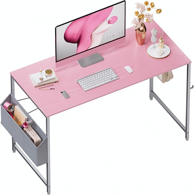 Pamray 47 Inch Computer Desk for Small Spaces with Storage Bag, Home Office Work Desk with Headphone Hook, Small Office Desk Study Writing Table - LeafyLoom