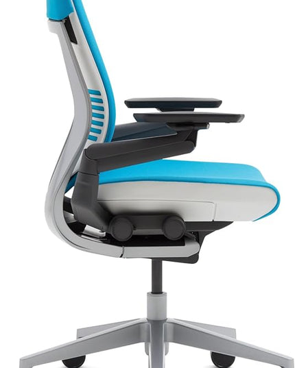 Steelcase Gesture Office Chair - Cogent: Connect Blue Jay Fabric, Low Seat Height, Wrapped Back, Dark on Dark Frame, Lumbar Support - LeafyLoom