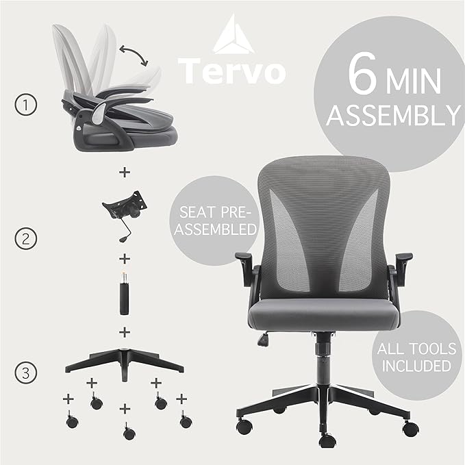 Tervo Model S | Foldable & Adjustable Height for Small Spaces | Gaming Chair | Swivel Desk Chair for Home Work | Ergonomic Mesh Computer Chair for Bedroom (Grey & Black) - LeafyLoom