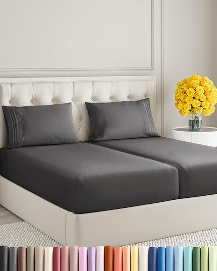 Split King Size 5 Piece Sheet Set - Comfy Breathable & Cooling Sheets - Hotel Luxury Bed Sheets for Women & Men - Deep Pockets, Easy-Fit, Soft & Wrinkle Free Sheets - Dark Grey Oeko-Tex Bed Sheet Set - LeafyLoom