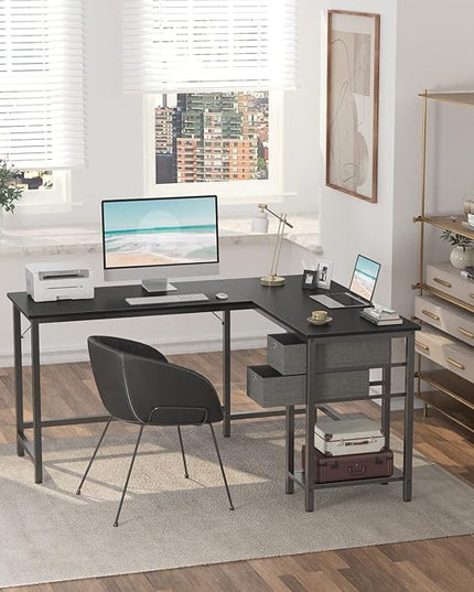 BANTI L-Shaped Computer Desk, Home Office Corner Desk with Non-Woven Drawer, Sturdy Writing Table, Space-Saving,Black - LeafyLoom