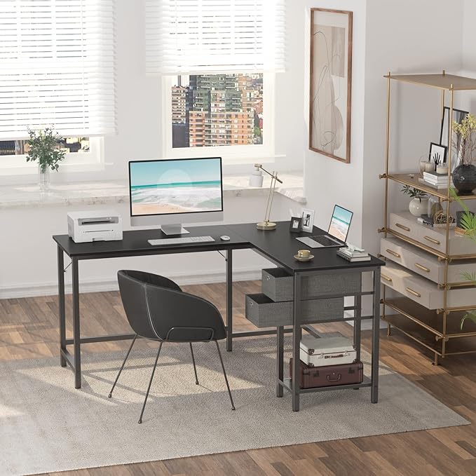 BANTI L-Shaped Computer Desk, Home Office Corner Desk with Non-Woven Drawer, Sturdy Writing Table, Space-Saving,Black - LeafyLoom