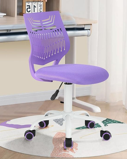 Kids Desk Chair, Armless Home Office Task Chair with Mesh Padded Cushion, Swivel Study Computer Chair with Rolling Wheels for Children Student, Purple - LeafyLoom