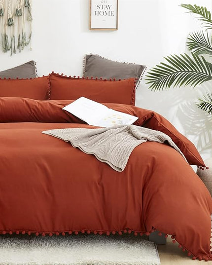 Burnt Orange Comforter Set Full Size Rust Pom Comforter 3 PCs Burnt Orange Boho Ball Pom Fringe Full Comforter Bedding Set Women Solid Terracotta Full Bed Comforter Set All Season Gift - LeafyLoom