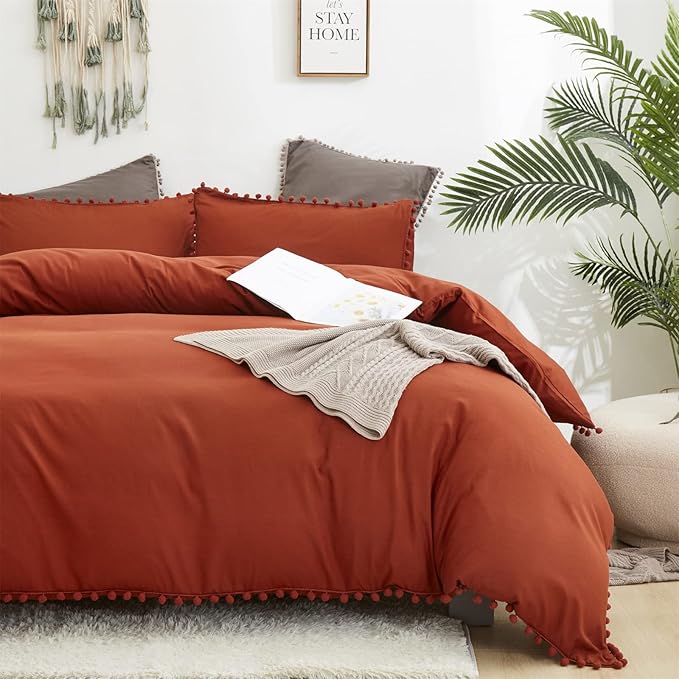 Burnt Orange Comforter Set Full Size Rust Pom Comforter 3 PCs Burnt Orange Boho Ball Pom Fringe Full Comforter Bedding Set Women Solid Terracotta Full Bed Comforter Set All Season Gift - LeafyLoom