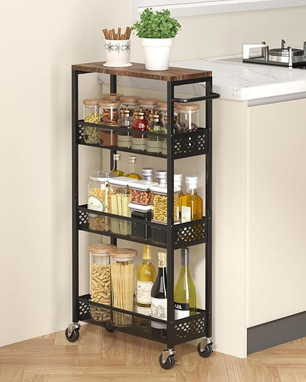 Slim Storage Cart 4 Tier Narrow Kitchen Rolling Cart on Wheels for Small Space, Mobile Utility Cart Shelving Unit with Wooden Top and Metal Handle for Kitchen, Bathroom, Laundry Room - LeafyLoom