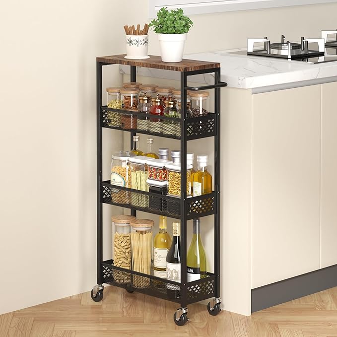 Slim Storage Cart 4 Tier Narrow Kitchen Rolling Cart on Wheels for Small Space, Mobile Utility Cart Shelving Unit with Wooden Top and Metal Handle for Kitchen, Bathroom, Laundry Room - LeafyLoom