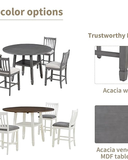 NicBex Dining Room Table Set for 4 Breakfast Nook Table Set 5-Piece Counter Height Dining Table Set in 2 Table Sizes with 4 Folding Leaves and 4 Upholstered Chairs for Dining Room, Gray+Beige - LeafyLoom