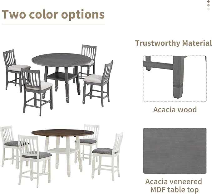 NicBex Dining Room Table Set for 4 Breakfast Nook Table Set 5-Piece Counter Height Dining Table Set in 2 Table Sizes with 4 Folding Leaves and 4 Upholstered Chairs for Dining Room, Gray+Beige - LeafyLoom