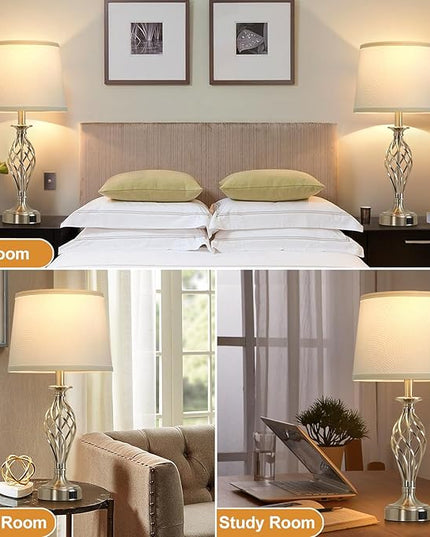 Table Lamp for Bedroom Set of 2 with USB C+A Ports, Modern Bedside Lamps with Spiral Cage Base, White Fabric Shade, Nightstand Lamp for Living Room Reading Bed Side End Table, 2 LED Bulbs Included - LeafyLoom