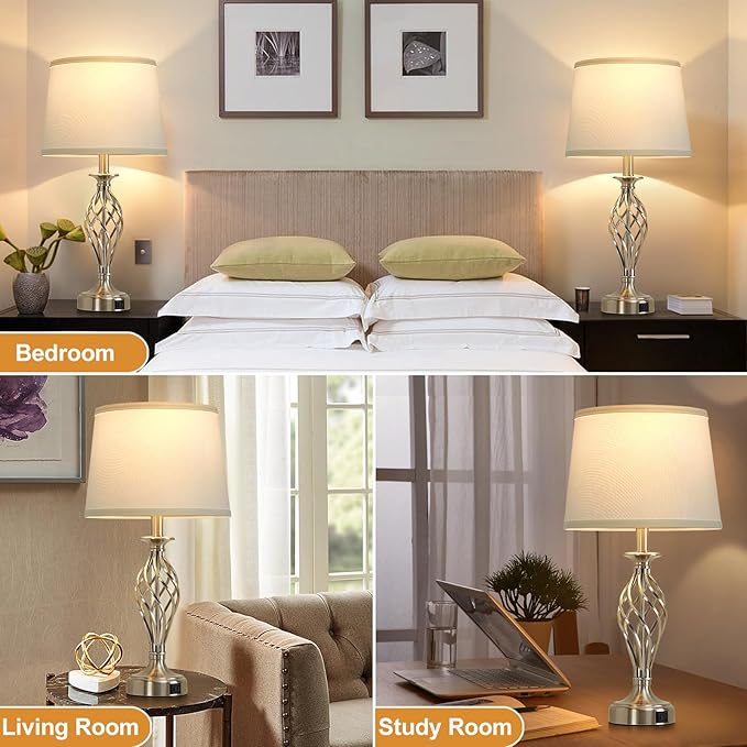 Table Lamp for Bedroom Set of 2 with USB C+A Ports, Modern Bedside Lamps with Spiral Cage Base, White Fabric Shade, Nightstand Lamp for Living Room Reading Bed Side End Table, 2 LED Bulbs Included - LeafyLoom