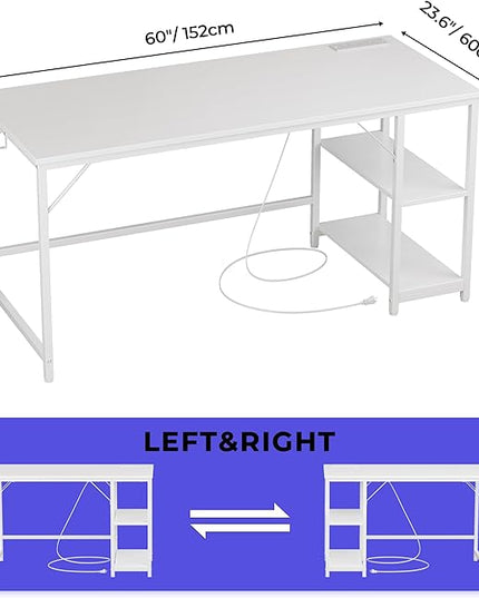 JOISCOPE 60 Inches Computer Office Desk with Table Power Outlets,Home Office White Desk with Storage Shelves and USB & Type-C Outlet for Bedroom, Home Office, Morden Simple Writing Table, White - LeafyLoom