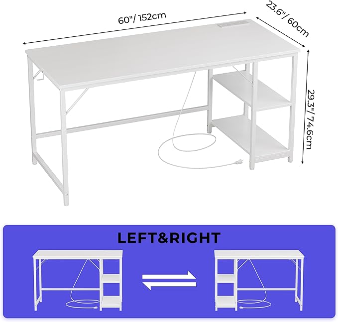 JOISCOPE 60 Inches Computer Office Desk with Table Power Outlets,Home Office White Desk with Storage Shelves and USB & Type-C Outlet for Bedroom, Home Office, Morden Simple Writing Table, White - LeafyLoom