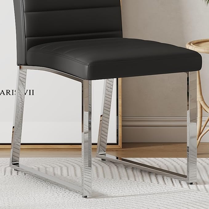 Dining Chairs Set of 4 Modern Faux Leather High Back Dining Room Kitchen Chairs with Silver Metal Legs,Chairs for Dining Room, Kitchen,Living Room, and Restaurants,Black - LeafyLoom