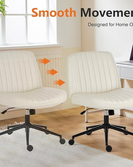 Sweetcrispy Criss Cross Office Chair with Wheels, Wide Armless Home Office Desk Chair with Dual-Purpose Base, Swivel Adjustable Leather Task Vanity Computer Chair, Cream - LeafyLoom