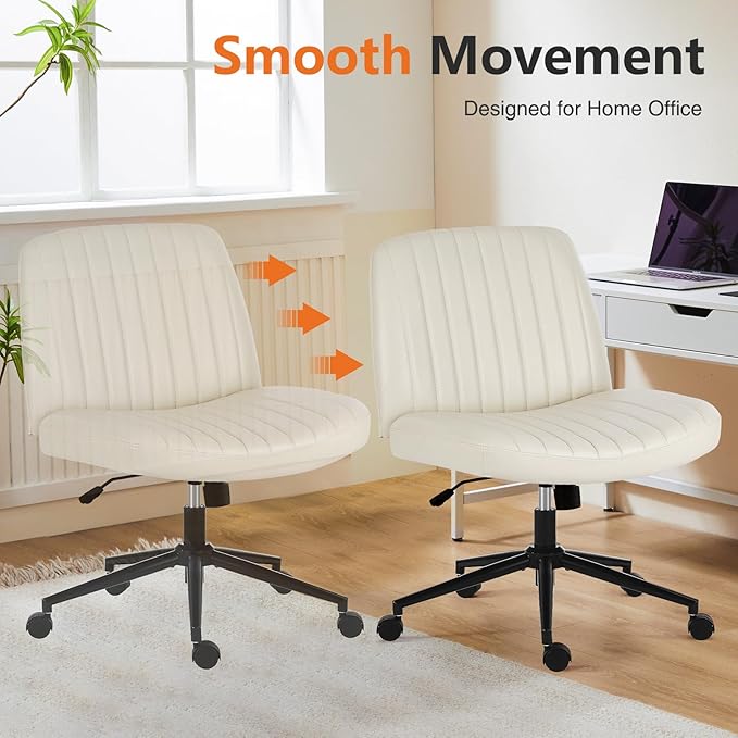 Sweetcrispy Criss Cross Office Chair with Wheels, Wide Armless Home Office Desk Chair with Dual-Purpose Base, Swivel Adjustable Leather Task Vanity Computer Chair, Cream - LeafyLoom