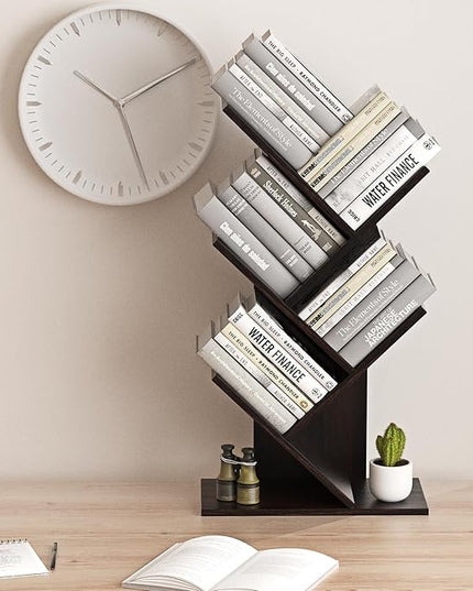 5-Shelf Tree Bookshelf Free Standing Small Book Shelf Narrow Wood Bookcase Floor Standing Book Shelf Modern Book Storage Organizer for Home Office Bedroom Living Room Black - LeafyLoom