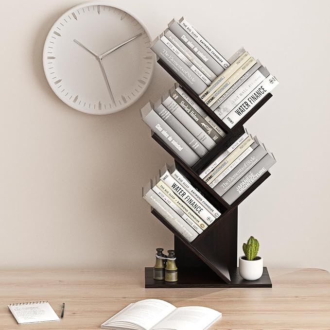 5-Shelf Tree Bookshelf Free Standing Small Book Shelf Narrow Wood Bookcase Floor Standing Book Shelf Modern Book Storage Organizer for Home Office Bedroom Living Room Black - LeafyLoom