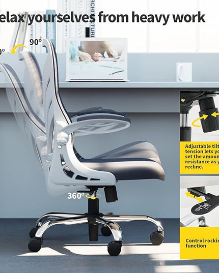 Ergonomic Office Chair with Foldable Backrest, Computer Desk Chair with Flip-up Armrests, Mesh Lumbar Support and Tilt Function Big and Tall Office Chair, White - LeafyLoom