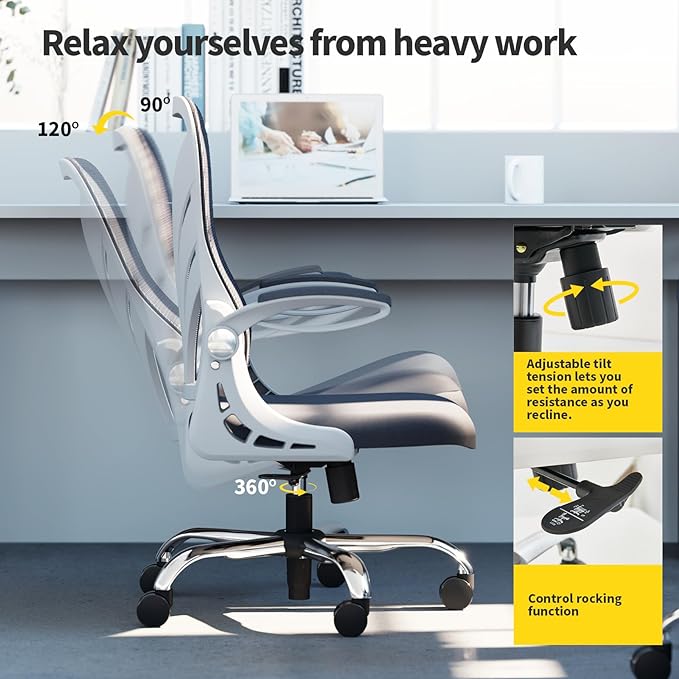 Ergonomic Office Chair with Foldable Backrest, Computer Desk Chair with Flip-up Armrests, Mesh Lumbar Support and Tilt Function Big and Tall Office Chair, White - LeafyLoom