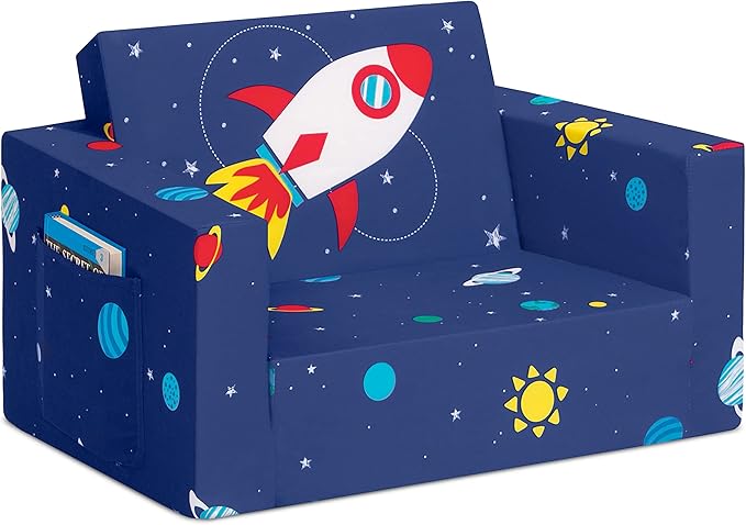 Delta Children Cozee 2-in-1 Convertible Sofa to Lounger - Comfy Flip Open Couch/Sleeper for Kids, Space - LeafyLoom