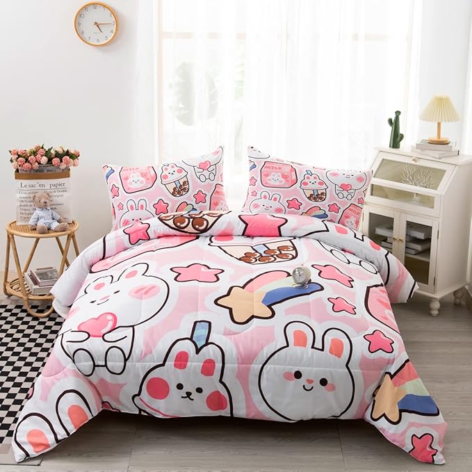 CVHOUSE Kawaii Bedding Full Size,Kawaii Rabbit Bedding Set for Girls Kids,Cute Rabbit Comforter Set Kawaii Rabbit Duvet Set Rabbit Pattren Quilt Set Girls Room Decor 3 Pieces - LeafyLoom