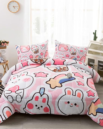 CVHOUSE Kawaii Bedding Queen Size,Kawaii Rabbit Bedding Set for Girls Kids,Cute Rabbit Comforter Set Kawaii Rabbit Duvet Set Rabbit Pattren Quilt Set Girls Room Decor 3 Pieces - LeafyLoom