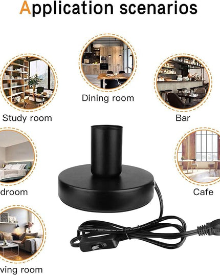 Industrial Table Lamp,Base E26/E27 Ceramic Base Holder, Vintage Small Desk Lamp with Plug in Cord On/Off Switch,Simple Metal Edison Light Bulb Stand (Black) - LeafyLoom