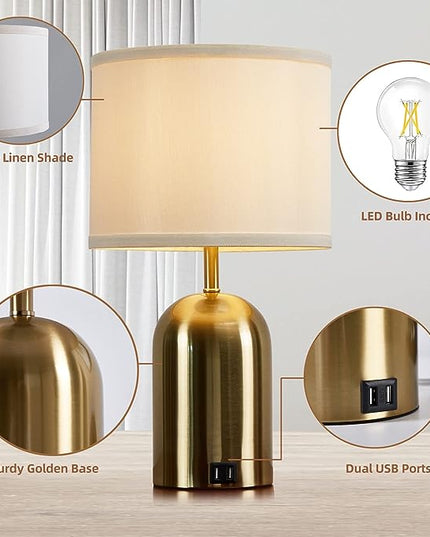 Touch Control Table Lamps Set of 2, Bedside Table Lamps for Bedrooms Set of 2 Modern Living Room 3 Way Dimmable Gold Bedside Lamp for End Table with 2 USB Charging Ports, 2 Bulbs Included - LeafyLoom