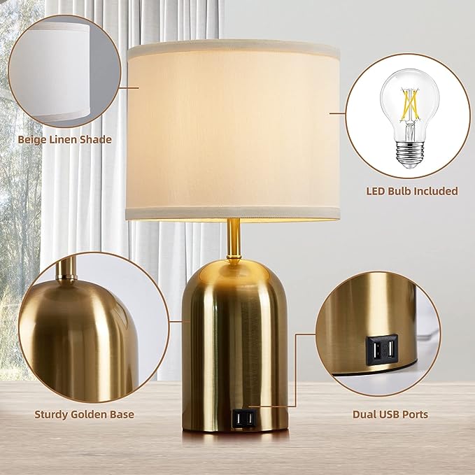 Touch Control Table Lamps Set of 2, Bedside Table Lamps for Bedrooms Set of 2 Modern Living Room 3 Way Dimmable Gold Bedside Lamp for End Table with 2 USB Charging Ports, 2 Bulbs Included - LeafyLoom